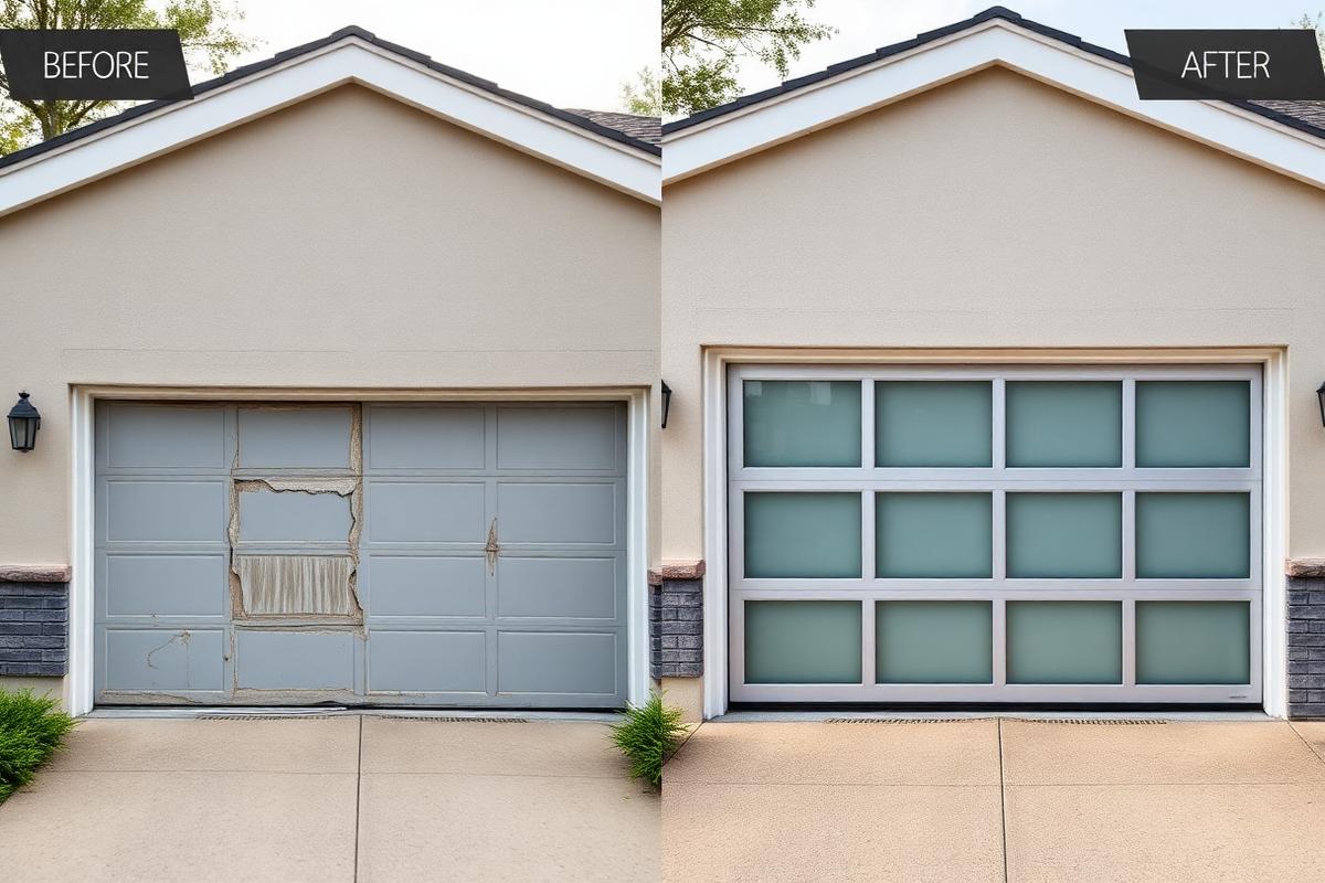 Before and after garage door installation showing transformation from damaged old door to modern steel door with frosted glass