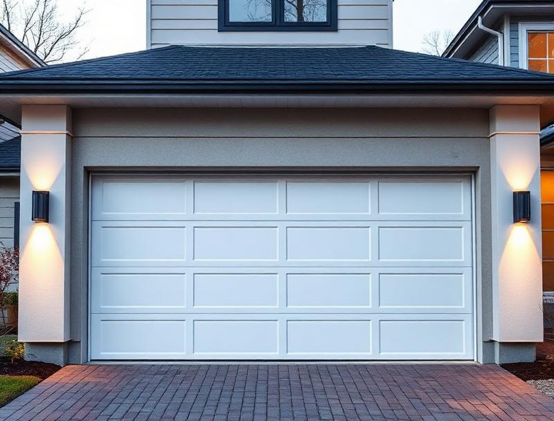 Energy efficient insulated garage door on modern home saving on heating costs