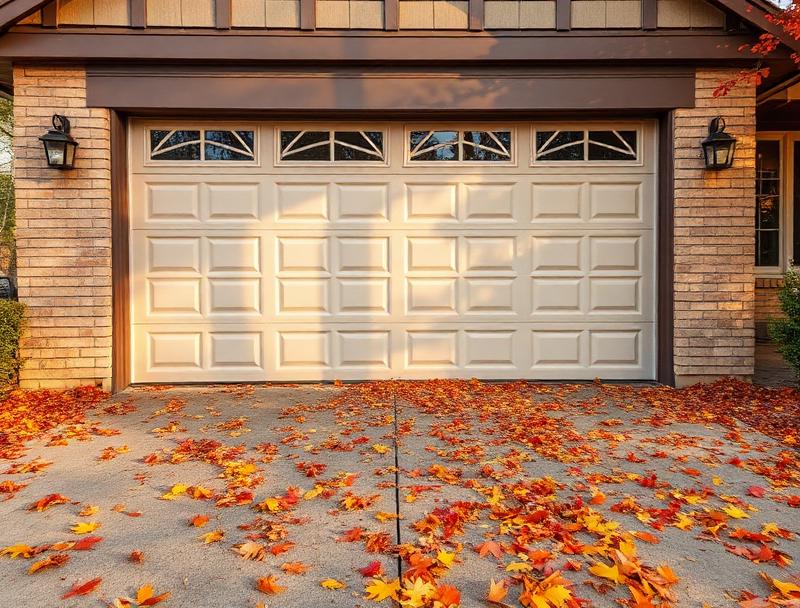 Residential garage door with fall leaves on driveway ready for seasonal maintenance