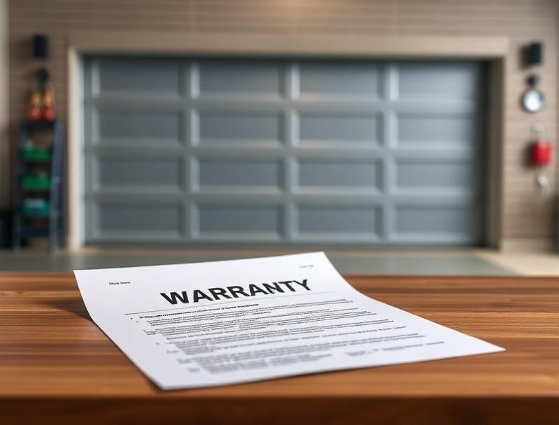 Garage door warranty document on desk with modern garage door installation visible