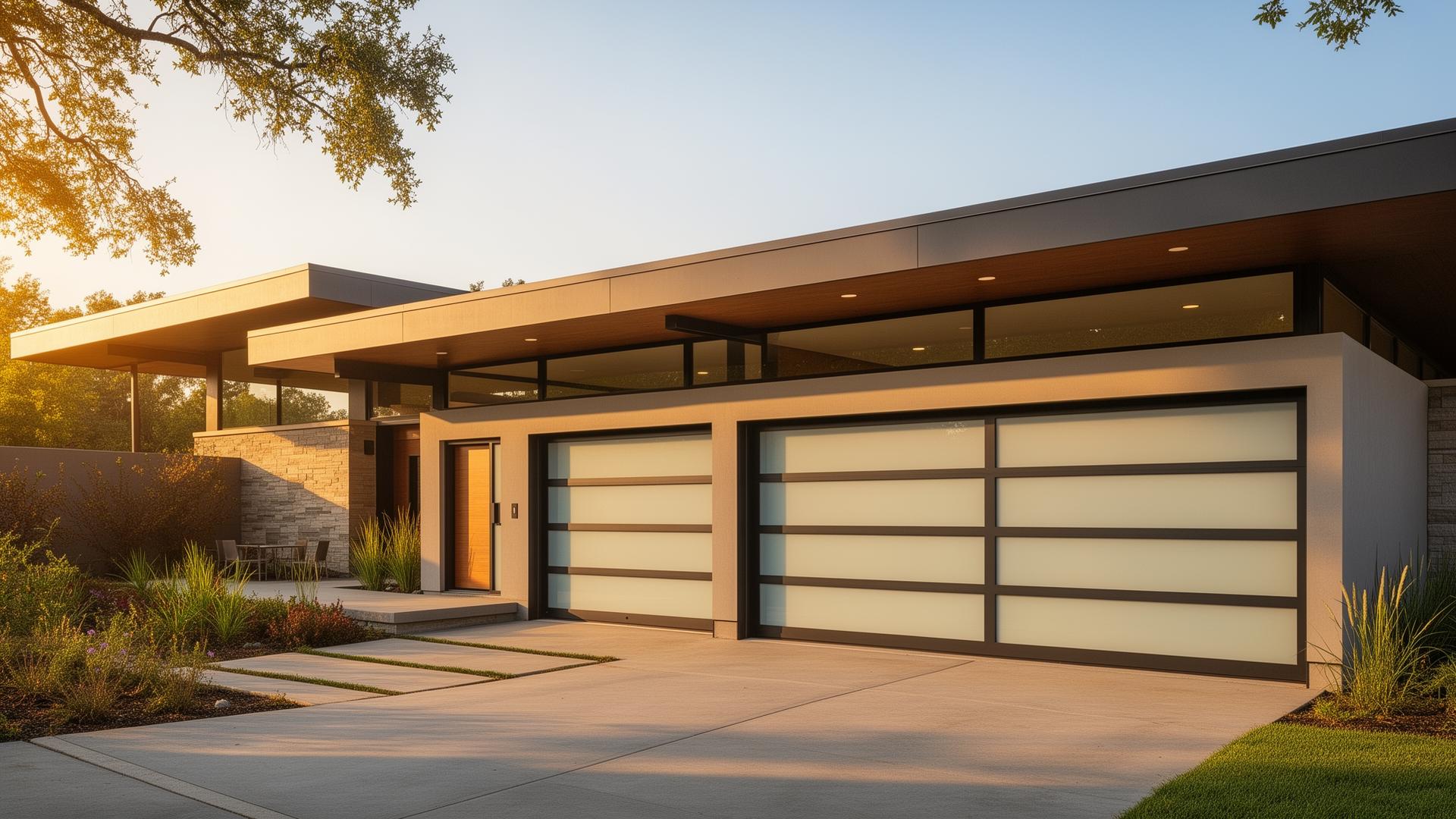 Modern sleek steel garage door with frosted glass panels on contemporary home in Sandwich NH