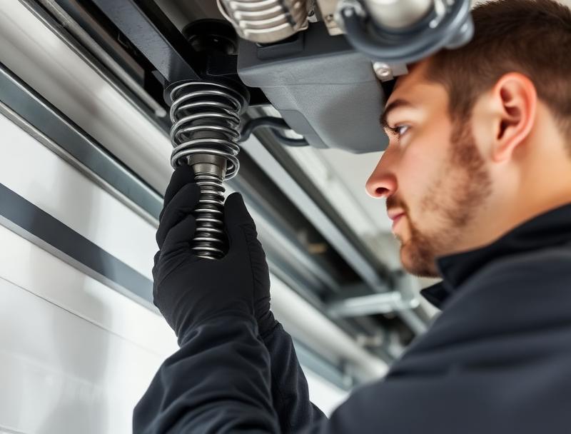 Professional technician replacing garage door torsion spring for safe operation